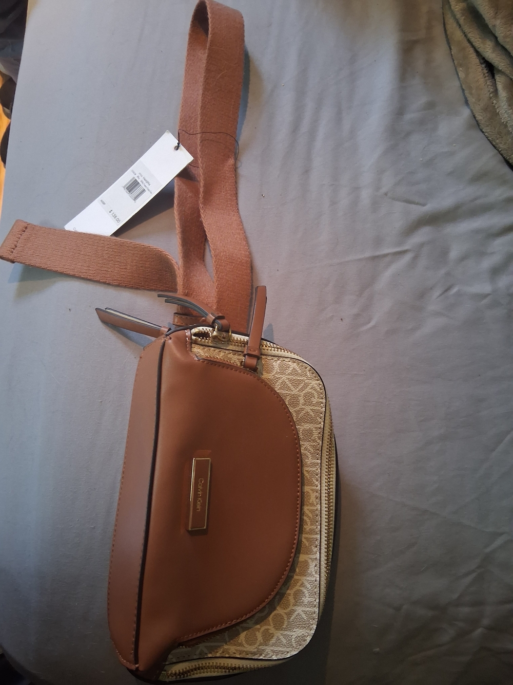 Tan and Beige Logo-Trim Crossbody Bag